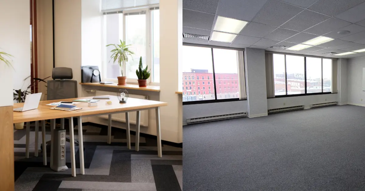 A side-by-side visual comparison of furnished and unfurnished office spaces in Dubai, illustrating workspace features and design differences.