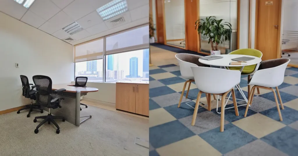 Split image showing a quiet private office with ergonomic chairs and a modern coworking lounge with colorful chairs around a round table in Dubai.