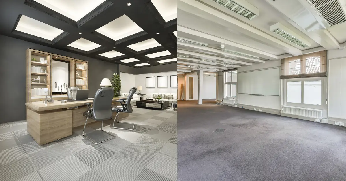 Split image showing a modern serviced office with furniture and an empty traditional office space in Dubai.